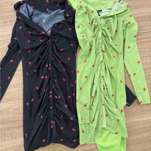 Black and Green Ruched Button-Up Dresses with strawberry  Print